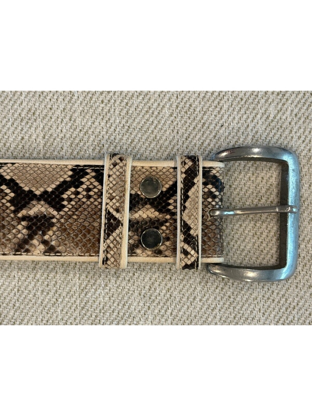 Vintage Wide Python Snake Print Leather Belt Silver Buckle Size Medium/Large